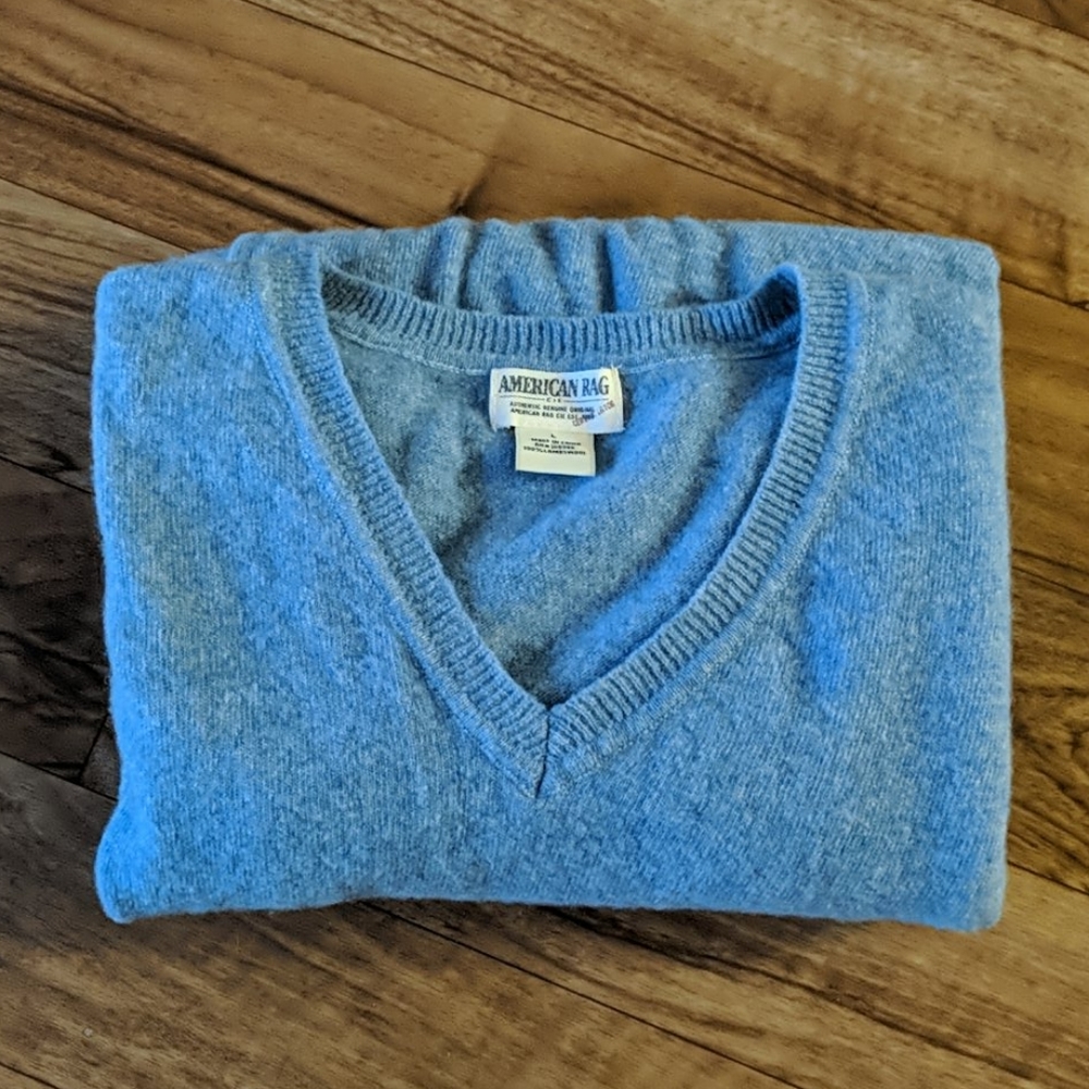 ❤ Blue Wool V-neck With Elbow Detail American Rag